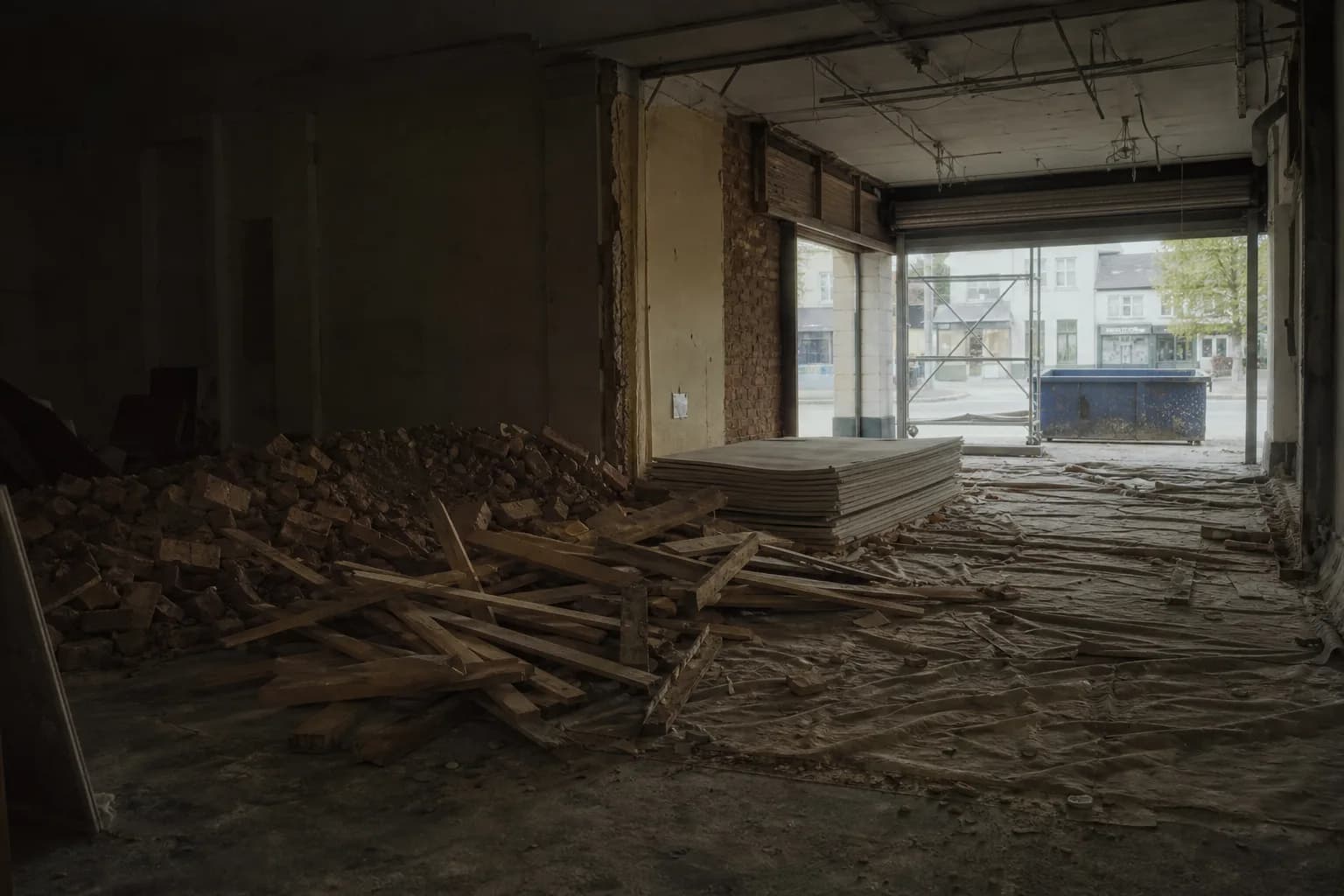 Brick rubble, timber offcuts and stacked plasterboard piled inside a gutted retail unit beside scaffolding