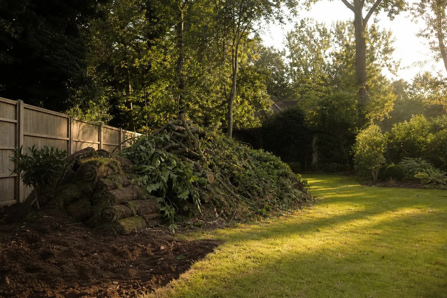 A back garden part way through clearance with hedge cuttings, sawn branches and rolled turf piled on the lawn at golden hour