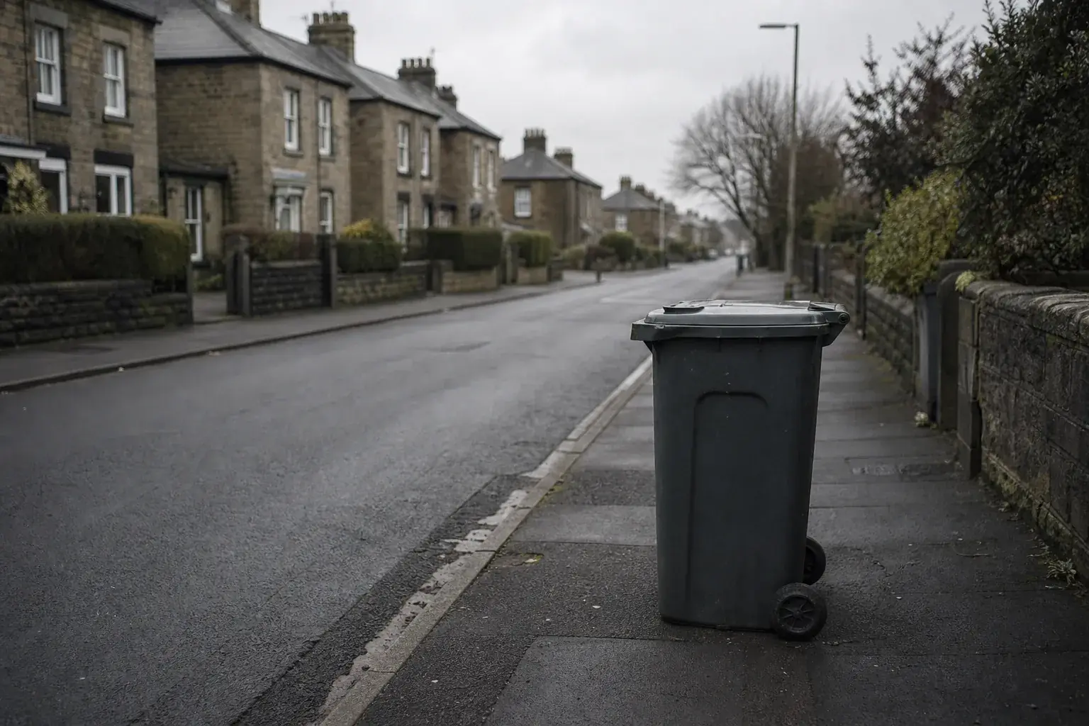 A single wheelie bin left standing on an empty pavement after the collection lorry has passed