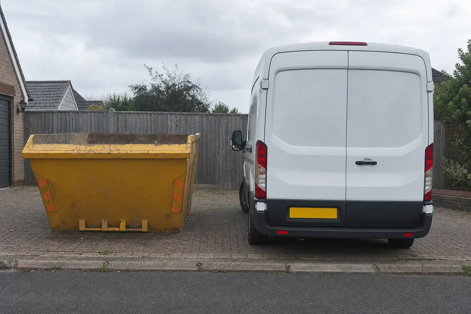 A builders skip on a driveway beside an unmarked white van, shown side by side for comparison