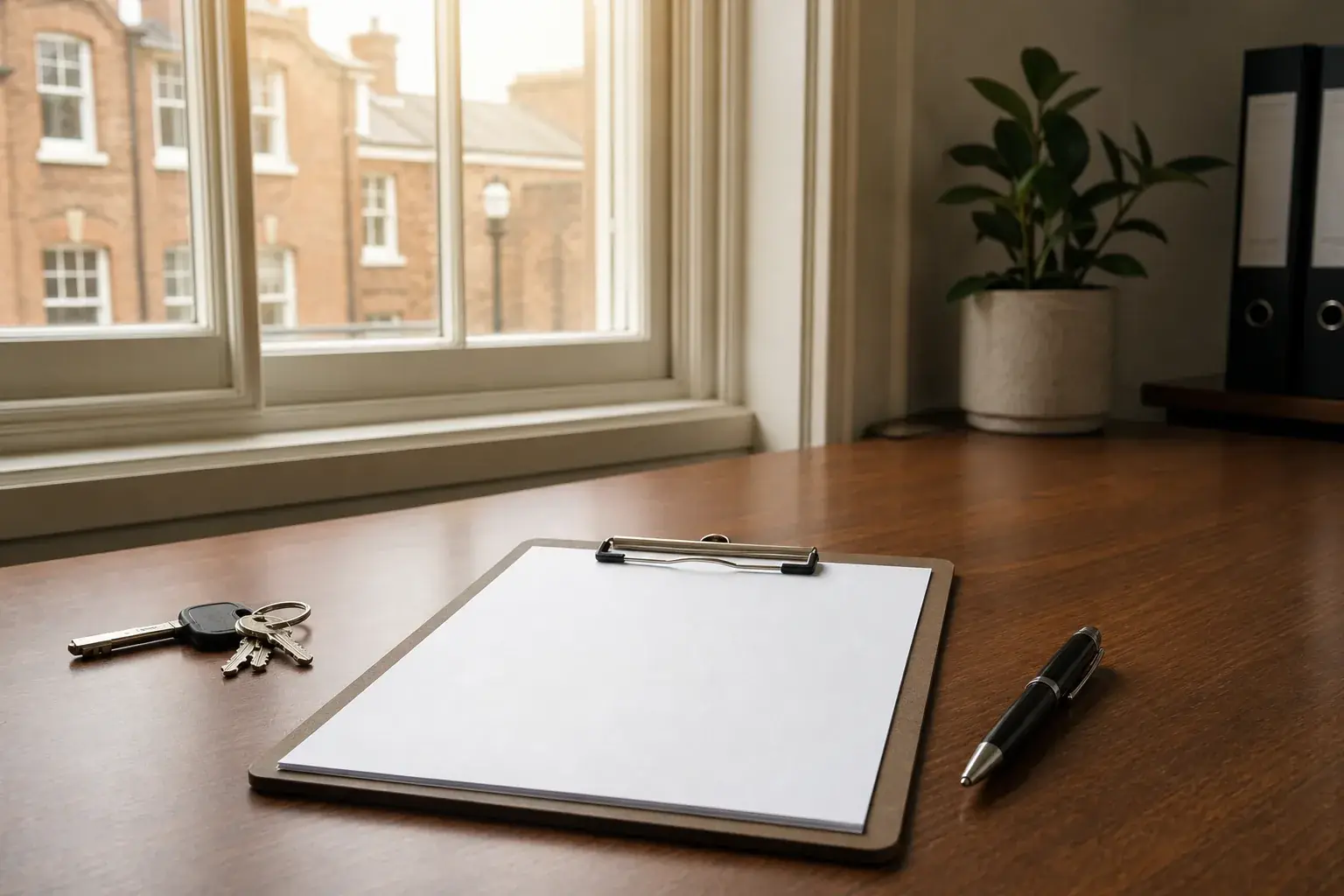 A blank clipboard, a pen and a set of keys on a clean desk beside an office window