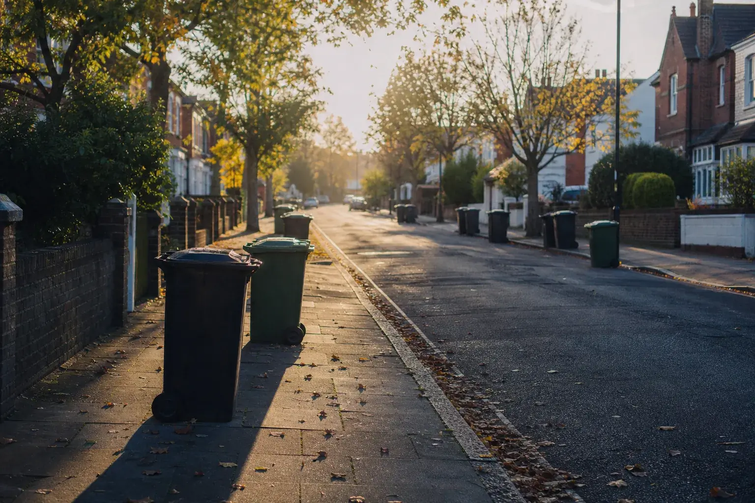 A quiet residential street at dawn with wheelie bins set out along the kerb awaiting collection