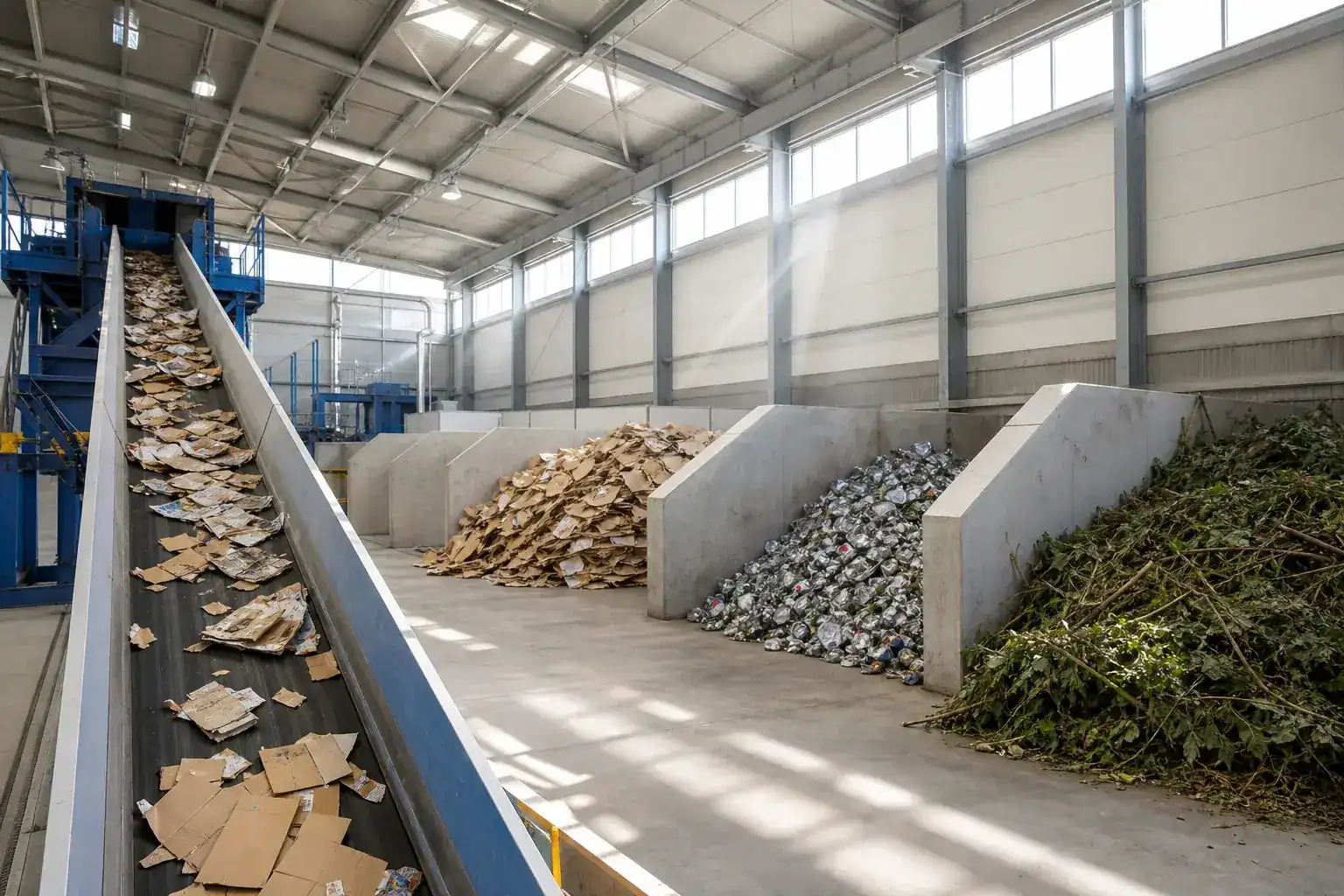 Interior of a bright waste sorting facility with separated bays of cardboard, metal and green waste