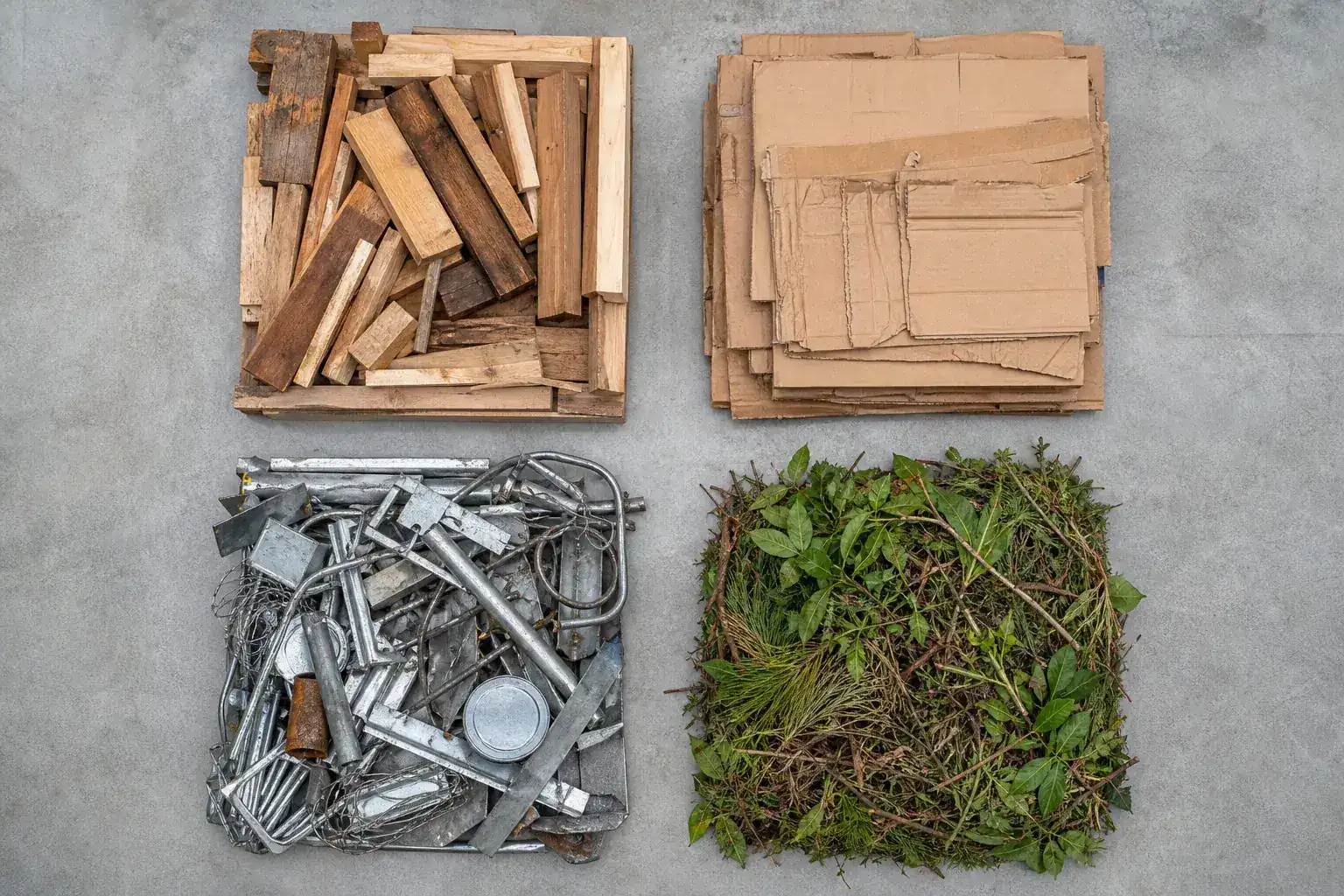 Overhead view of sorted piles of timber, flattened cardboard, scrap metal and garden waste on a clean concrete floor