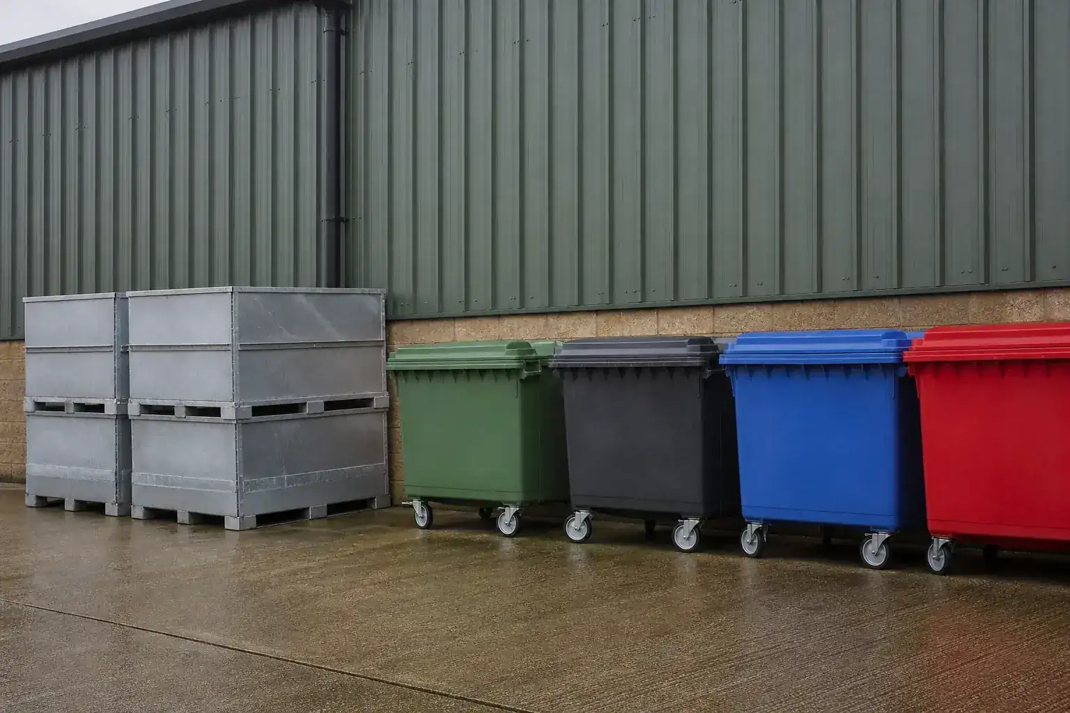 Waste collection bins and stacked steel containers lined up along a tidy industrial yard wall