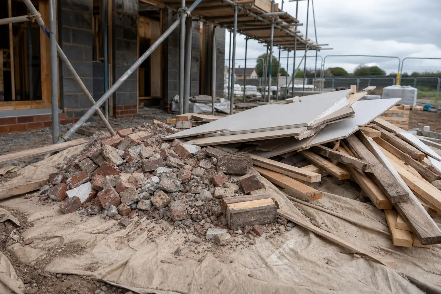 Broken brick rubble, timber offcuts and plasterboard sheets piled beside scaffolding on a building site