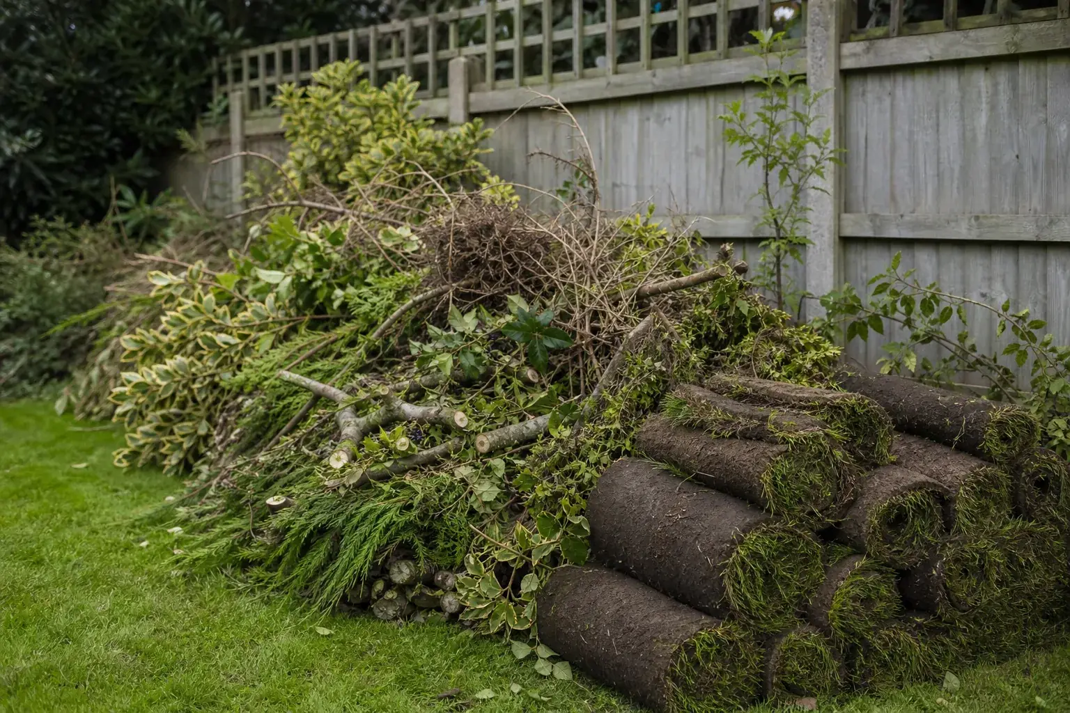 Hedge clippings, branches and rolls of turf piled on a lawn after a garden clearance
