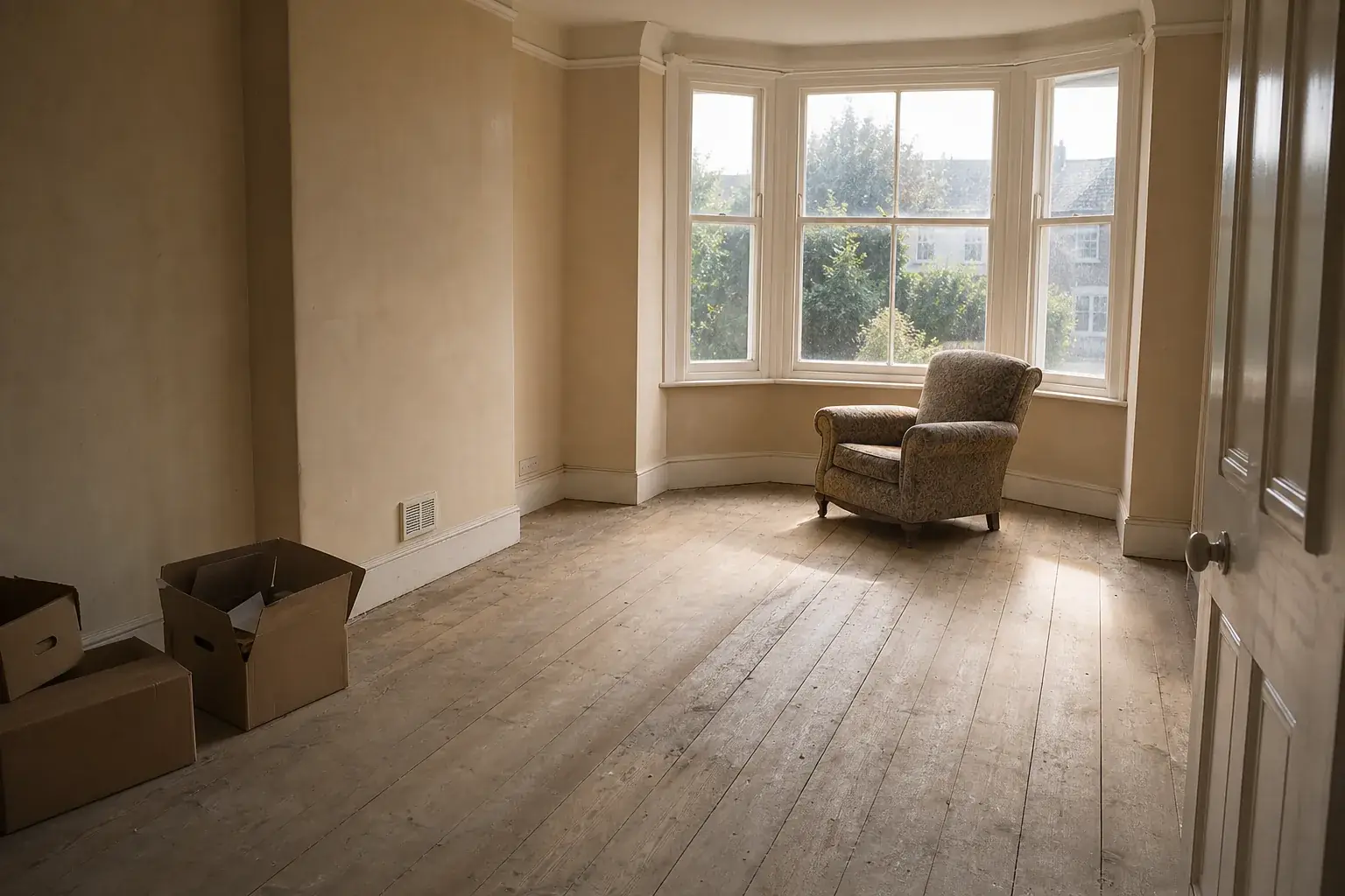 A part-cleared room with bare floorboards, a few remaining boxes and an armchair beside a bay window