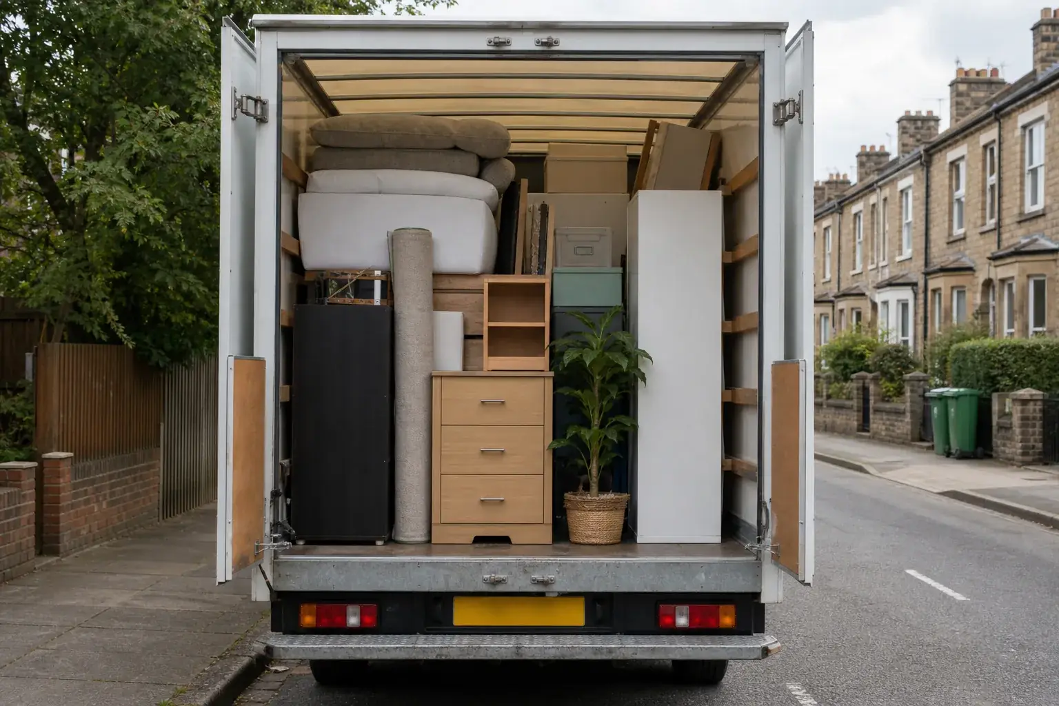 Open rear doors of an unmarked Luton van loaded with neatly stacked clearance items on a residential street